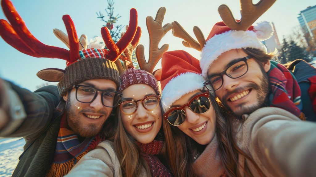 Group of friends outdoors during winter holidays wearing festive accessories